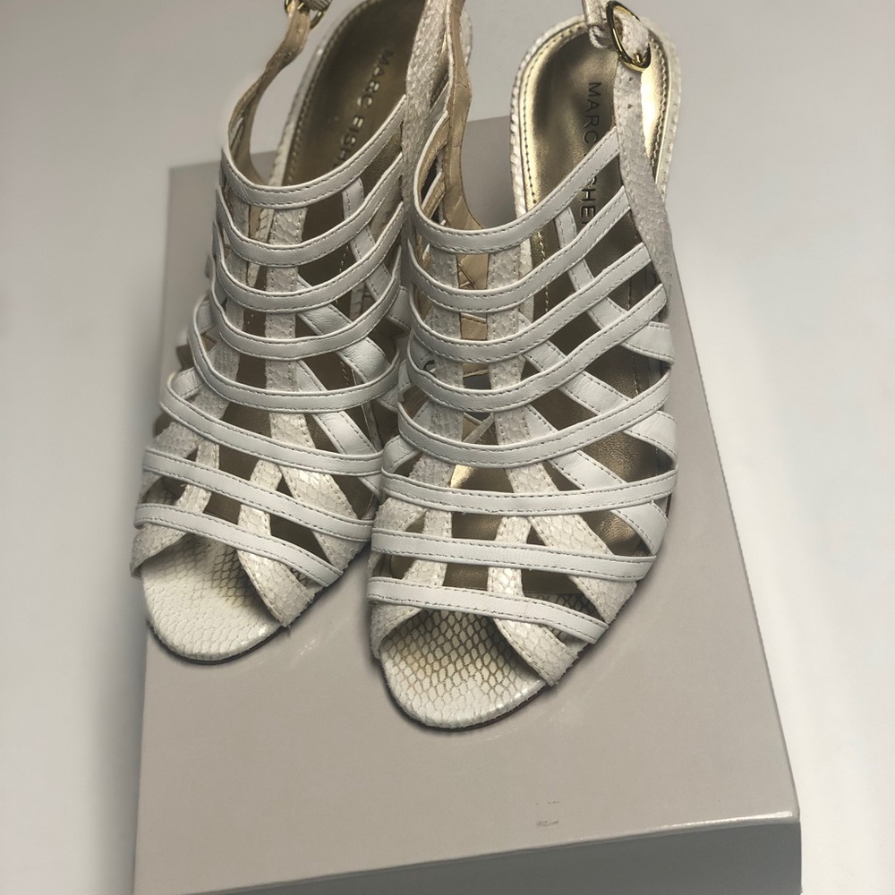 Marc Fisher Size 7 Medium White Strappy Cage Slingback Heels-Nalora. SEE PICS.